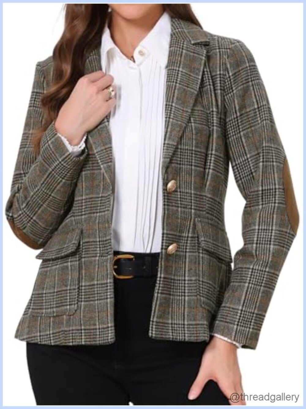 Allegra K Plaid Blazer Long Sleeve Business Casual Faux Suede Elbow Patches